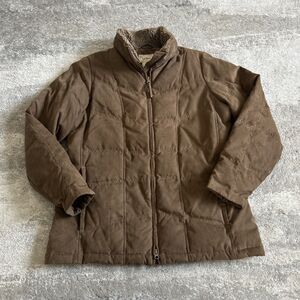 LL Bean Coat Women's Large Goose Down Quilted Puffer Jacket Brown Faux Fur Trim